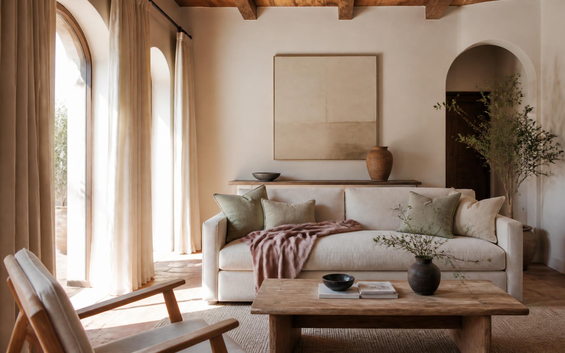 Salón español vestido con telas de lino, terciopelo y algodón en tonos naturales